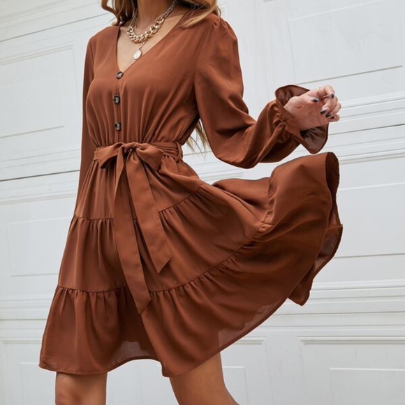 Rust Brown Button Ruffle V neck Mini Dress - Picture 2 of 5